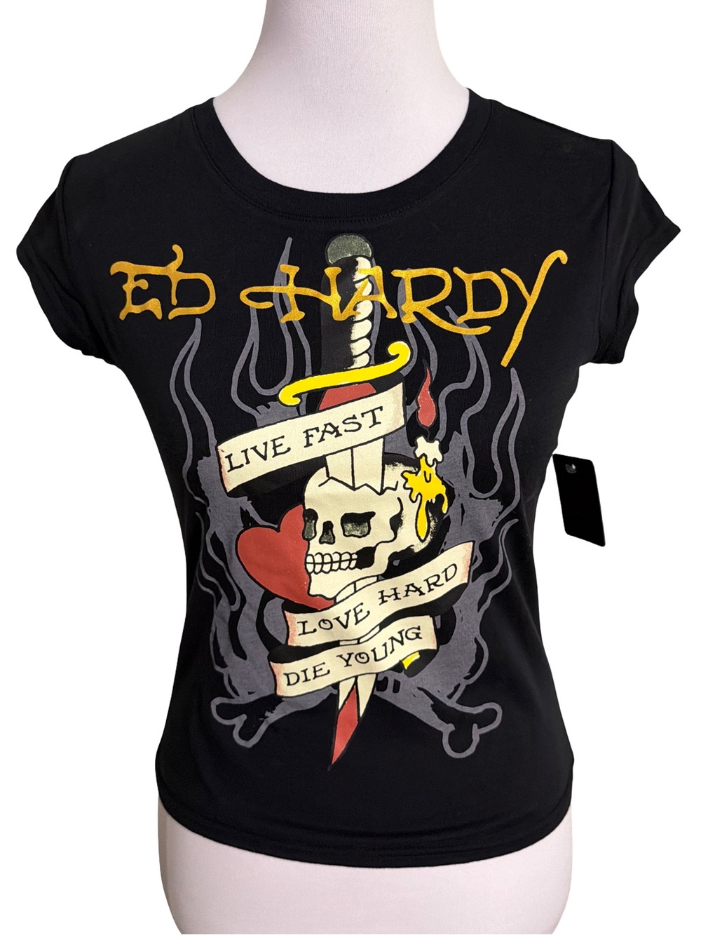 Ed Hardy Black Graphic Crop Top with Yellow Logo and Multicolor Tattoo Print